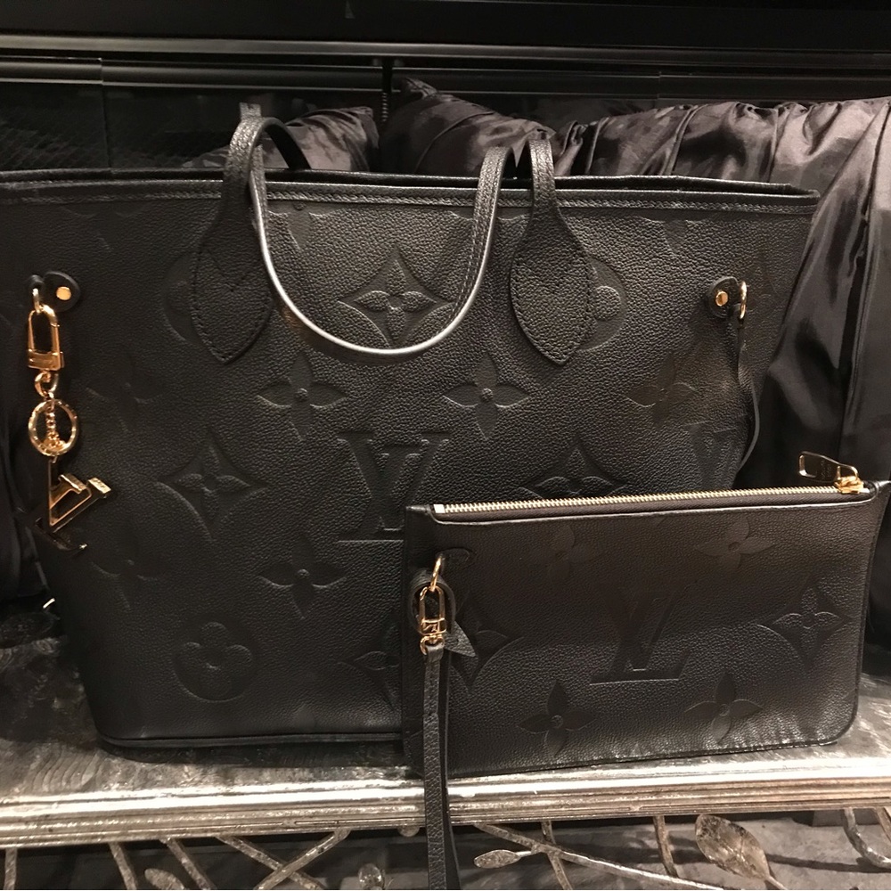Louis Vuitton Neverfull MM Monogram Empreinte Leather (Black) and LV Bag Charm